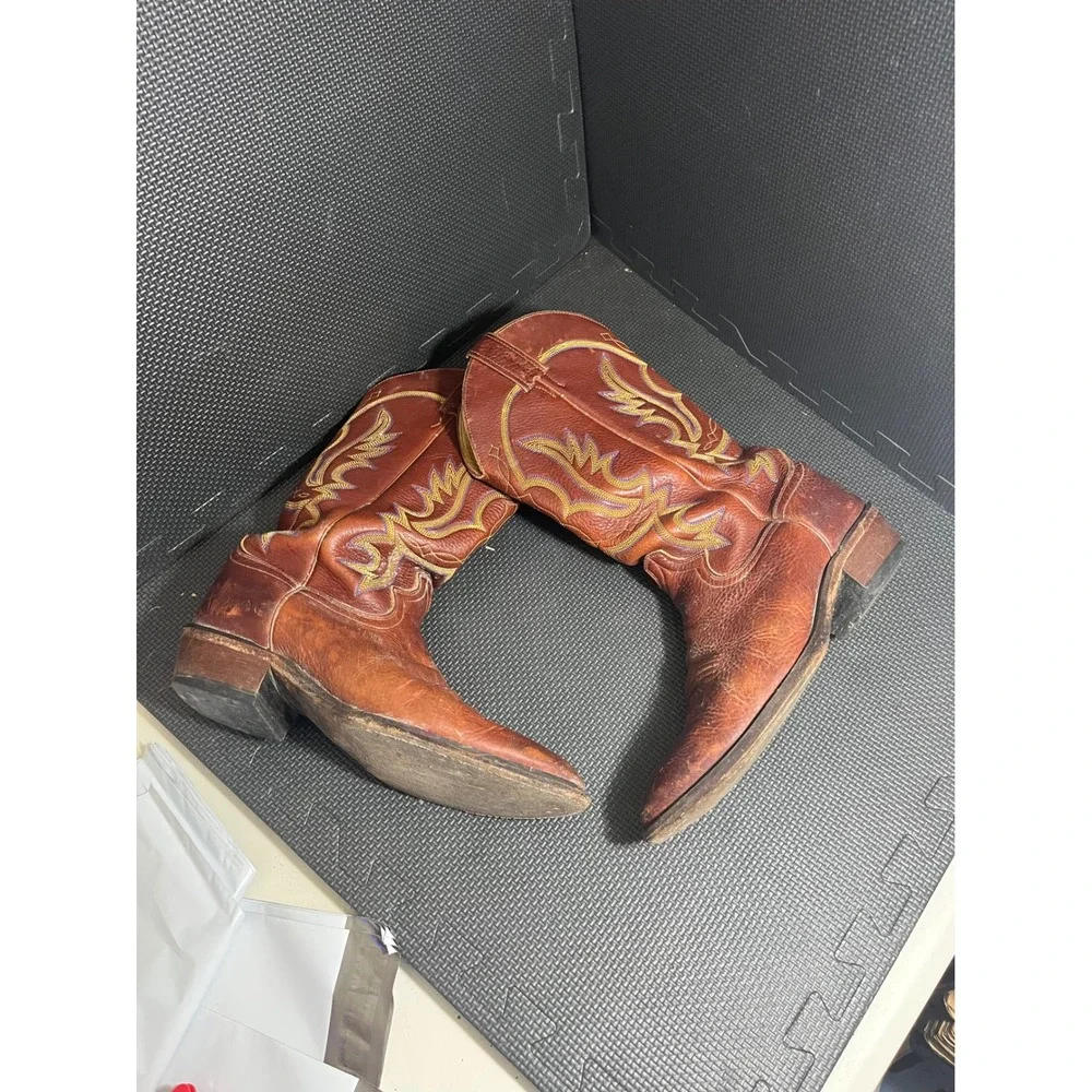 Justin Boots Vintage‎ Cowboy Western Rodeo Brown Leather Boots Mens Size 9.5 D